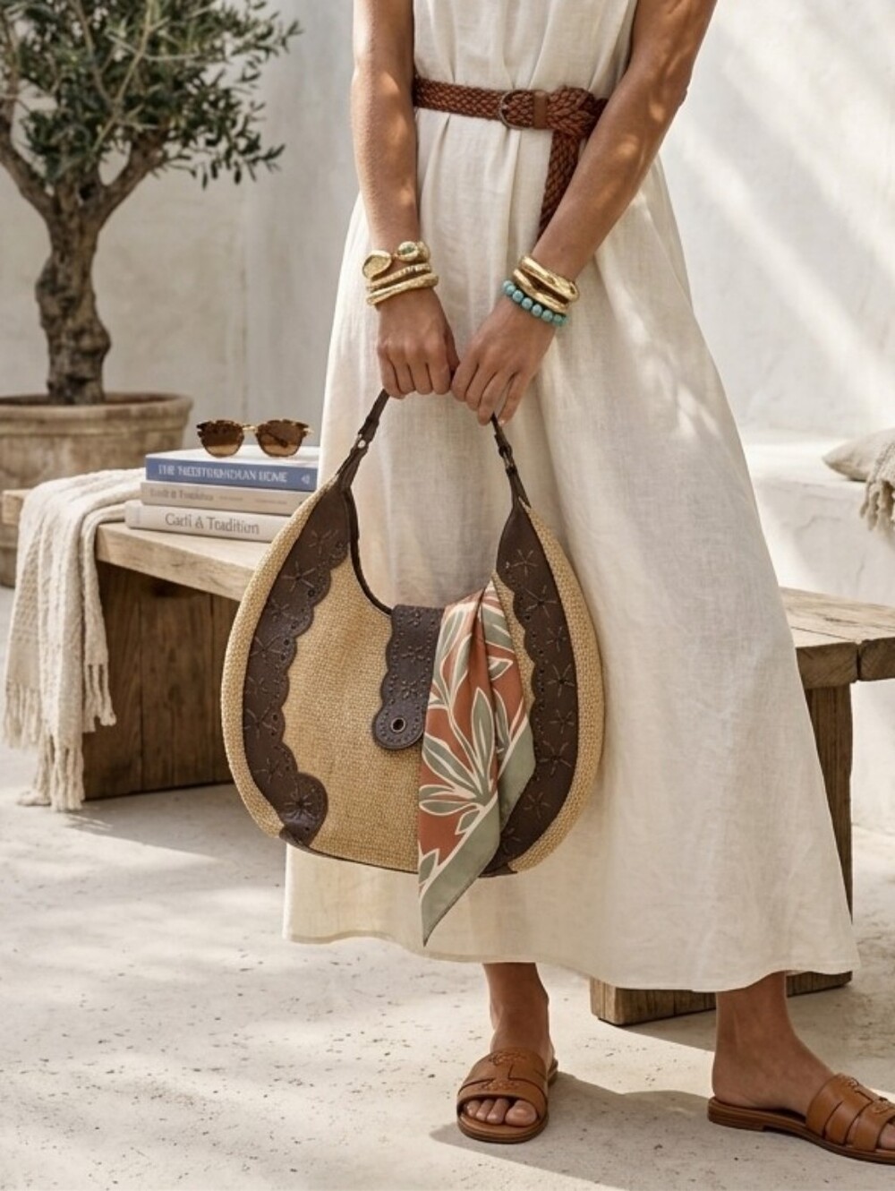 Isaac Mizrahi Natural Straw Shoulder Bag with Brown Floral Leather Trim